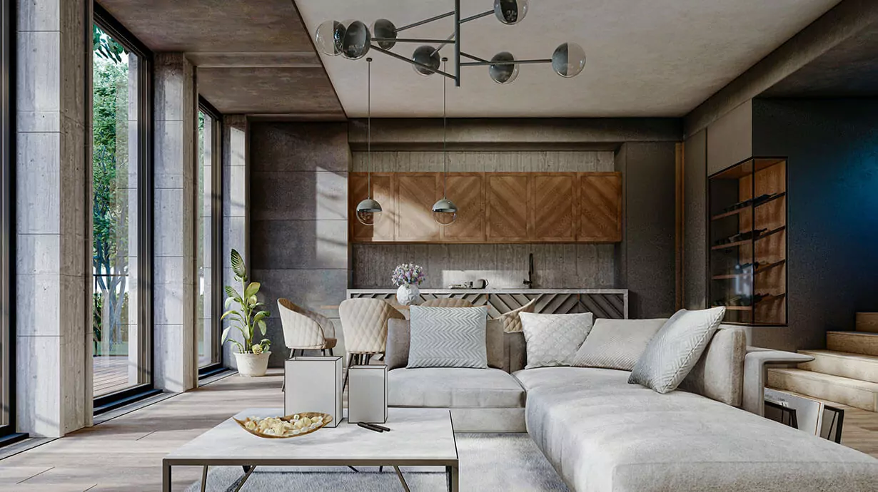 Bright modern living room with large sectional sofa